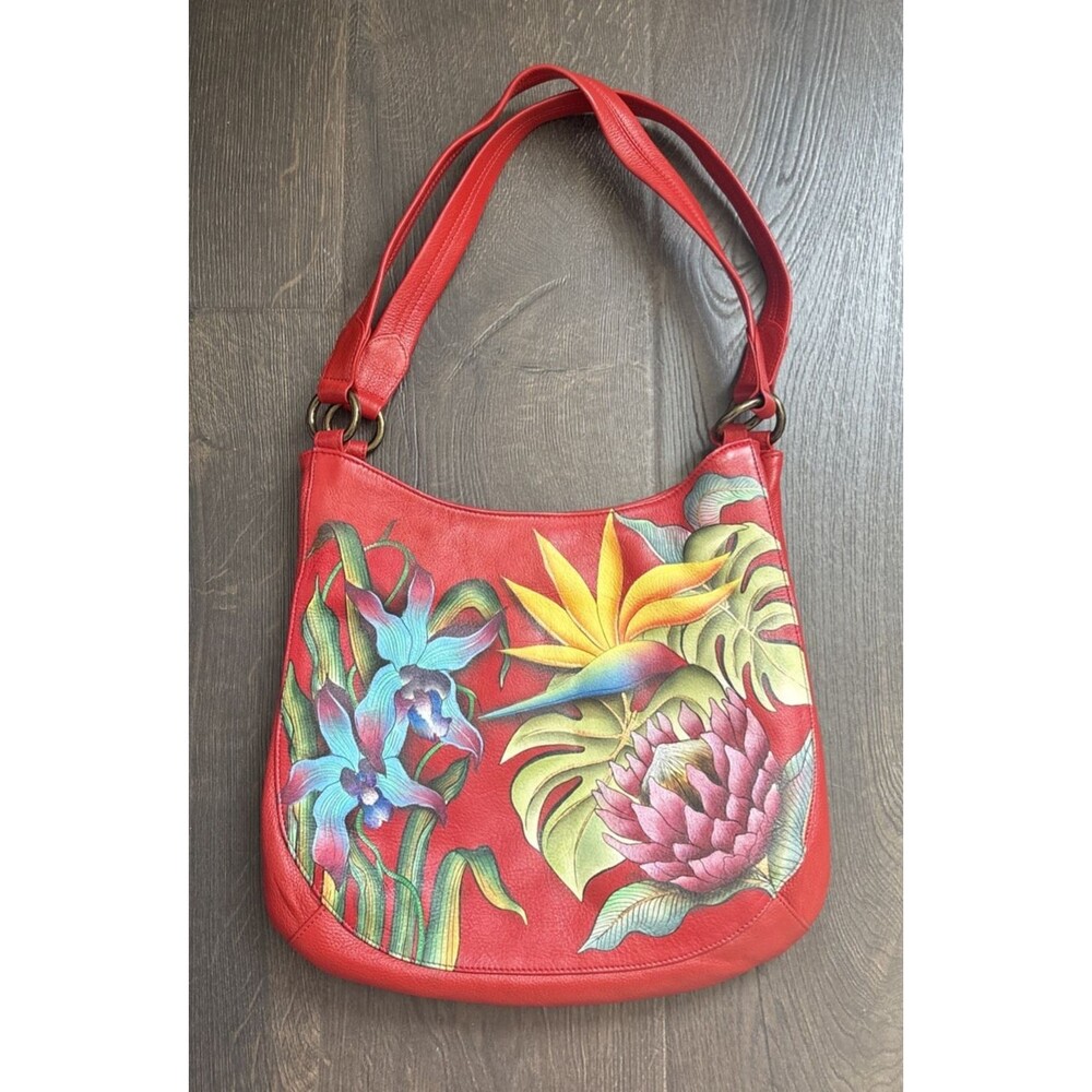 Anuschka Hand Painted Leather Classic Hobo Crimson Garden Floral Design